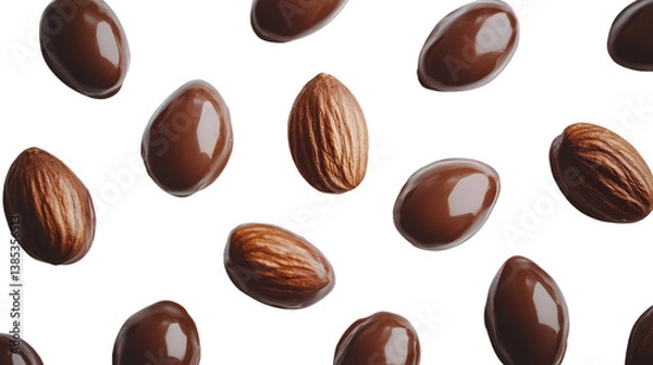 Fototapeta A collection of almonds covered in smooth chocolate, isolated on a clean white background, emphasizing the contrast between the nuts and the chocolate coating.