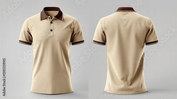 Fototapeta A light beige polo shirt with a brown collar, featuring a textured fabric design, shown from the front and back.