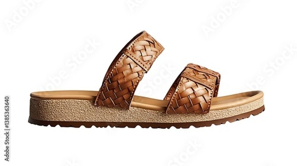 Fototapeta Stylish brown leather woven slide sandal with platform sole isolated on white.