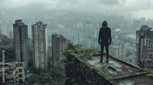 Obraz Lone Figure in Tech-Suit Gazes Over Futuristic Chongqing Cityscape