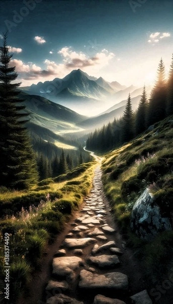 Obraz Mountain trail at sunrise