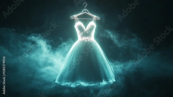 Fototapeta Glowing elegant dress on hanger in mysterious misty atmosphere