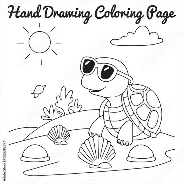Fototapeta A hand-drawn illustration of a smiling turtle wearing sunglasses and a wide-brimmed hat, sitting on a rock in the water with a sunny sky and palm trees in the background. Perfect for a children’s colo