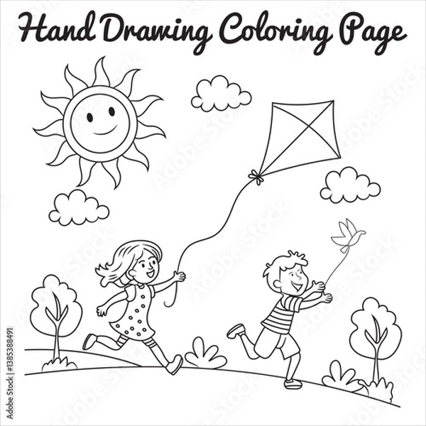 Fototapeta A hand-drawn illustration of a child riding a bicycle through a grassy field with colorful flowers, under a bright sunny sky.