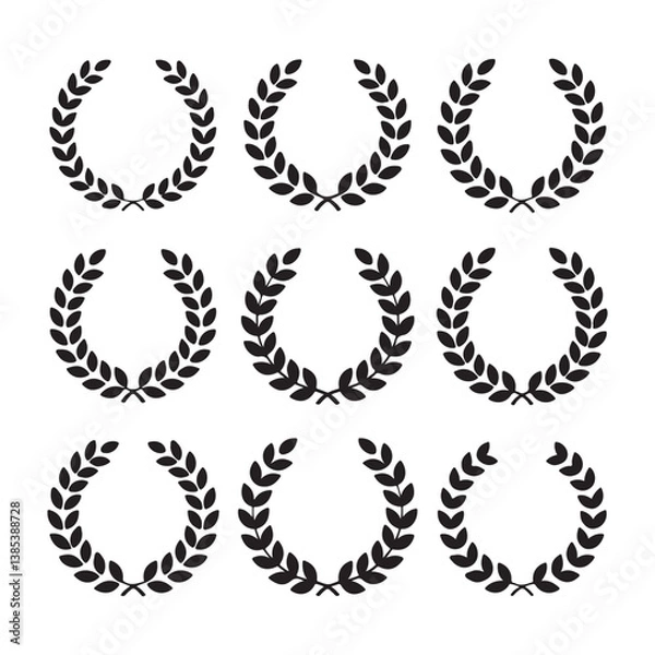 Fototapeta  Set of black laurel wreath icons in various styles – vector collection of victory, achievement, and award symbols for design, branding, certificates, and classical decoration elements