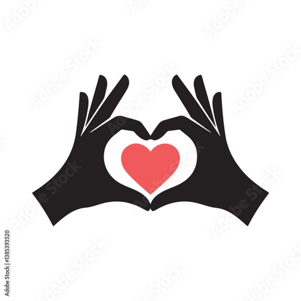 Fototapeta  Silhouette of hands forming a heart shape with fingers – black vector illustration symbolizing love, support, unity, care, and compassion in a minimalist style