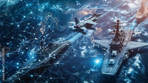 Fototapeta Futuristic military assets  fighter jets, naval ships, and satellites in a high tech ocean scene