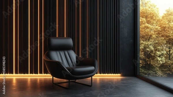 Obraz Modern Interior Design: Black Leather Armchair by Autumnal Window