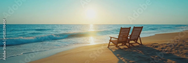 Fototapeta two beach chairs placed close to each other against a stunning sunrice during a relaxing summer vacation, capturing the warm glow of the horizon and the tranquil atmosphere.banner, copy space, mockup,