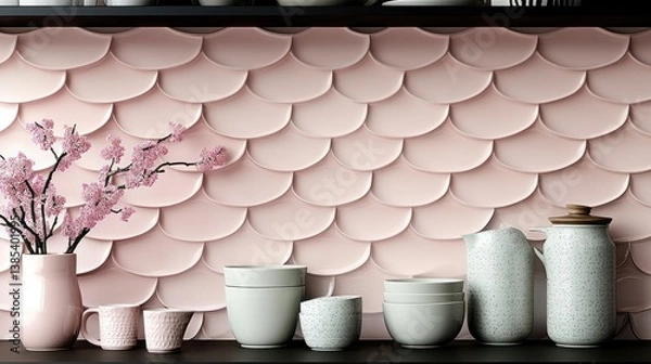 Obraz Pink Scallop Tile Backsplash with Ceramic Ware and Cherry Blossoms