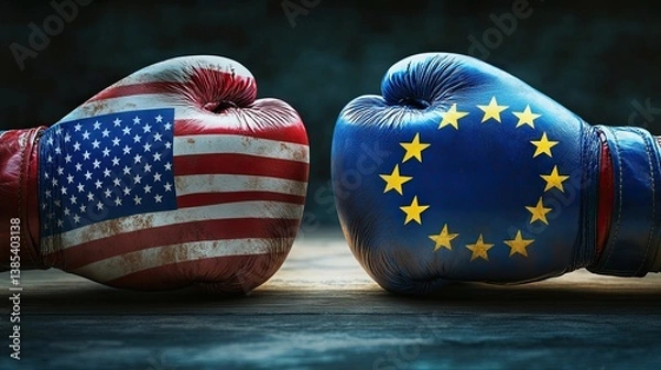 Fototapeta Boxing gloves with USA and European Union flags facing each other symbolizing conflict or competition concept