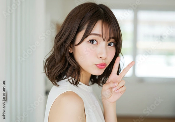 Obraz カフェの店内で口をとがらせてピースする若い女性