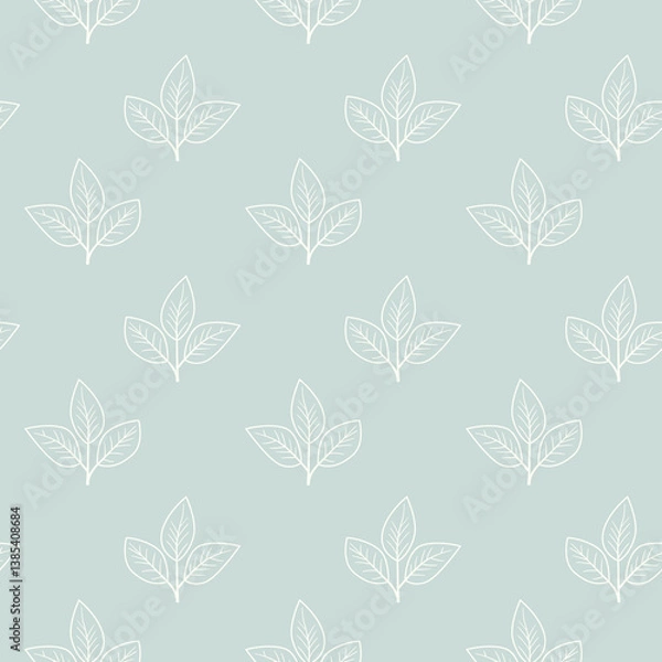 Fototapeta Elegant seamless pattern featuring delicate white leaf sprigs on a soft blue background.