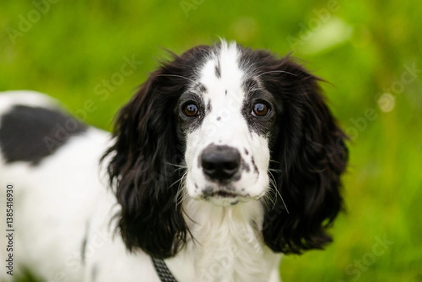 Obraz Cute Spaniel Puppy Sitting in the Grass and Looking Straight at Camera