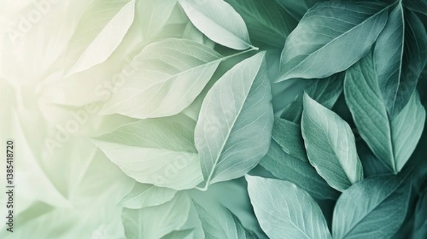 Fototapeta A delicate pattern of soft green leaves in varied shades creates a calming natural background