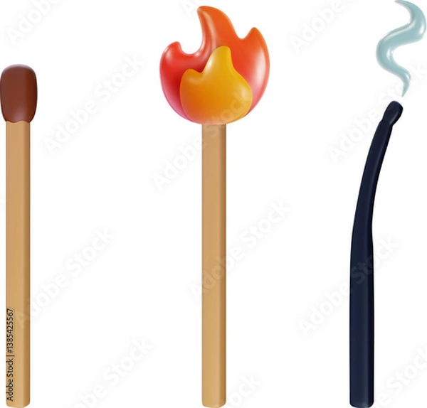 Fototapeta Wooden cartoon match in different stages. Design element in whole, burning and burnt form. Vector 3d illustration.