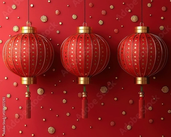 Obraz Three Red Chinese Lanterns Hanging Against a Red Background with Gold Dots