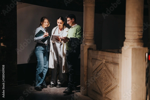 Obraz A group of people stands together in a museum setting, engaged in a discussion while referencing documents and a tablet, highlighting themes of collaboration, education, and cultural exploration.