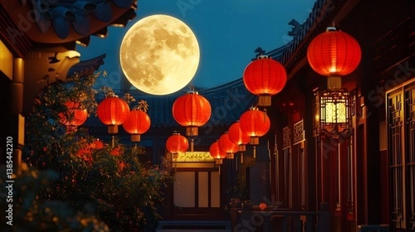 Fototapeta Red lanterns hanging in a traditional Chinese courtyard under a bright moon