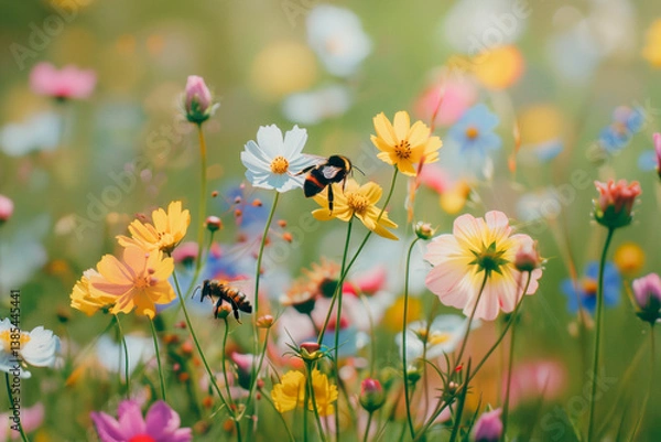 Fototapeta AI-generated photo with Bees Collecting Nectar in a Vibrant Wildflower Field