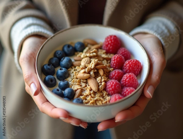 Obraz Woman holding breakfast bowl with yogurt, granola, nuts, berries. Healthy and nutritious breakfast rich in protein and vitamins