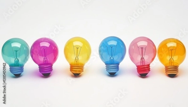 Fototapeta Colorful light bulbs in a row.  A variety of vibrant hues illuminate the scene, showcasing creativity and innovation.  Each bulb, with its unique color, suggests different possibilities.  