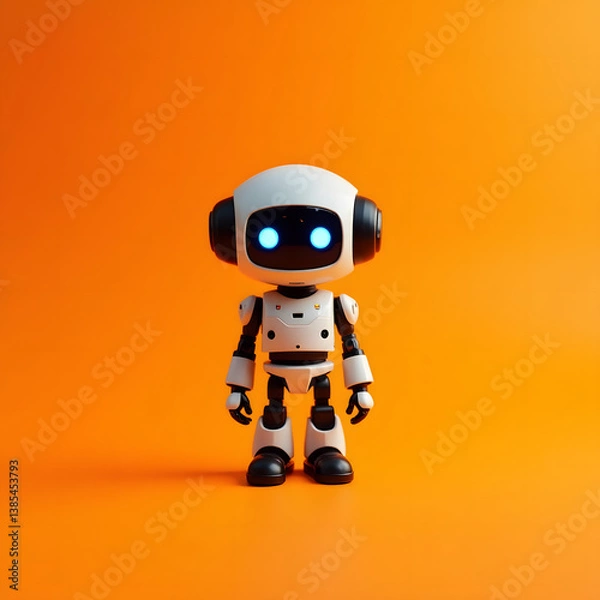 Fototapeta A tiny robot isolated orange background. generative ai