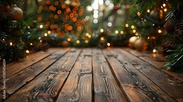 Fototapeta Rustic Wooden Table with Festive Christmas Tree Lights in the Background