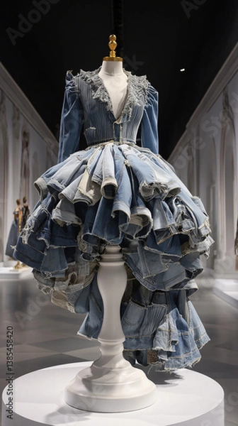 Fototapeta Ballgown made of deconstructed denim jackets, raw seams, on rotating pedestal in dark gallery. Ironic elegance meets DIY chaos. Generative AI