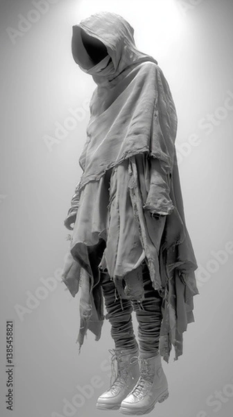 Fototapeta Deconstructed tunic with raw hems, long sleeves, and sculptural shoulders in a cold industrial setting with harsh light. Generative AI