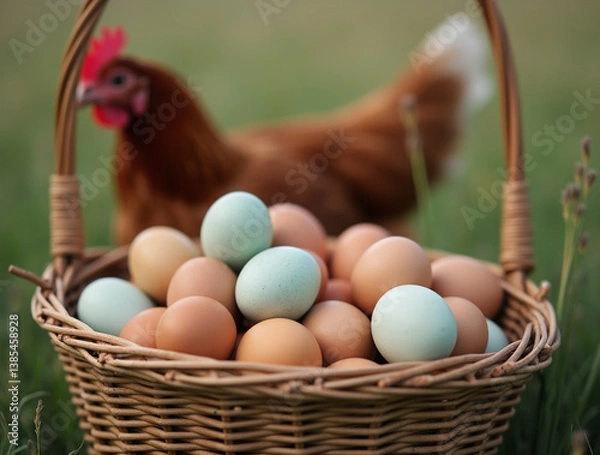 Obraz Basket of colorful organic chicken eggs on green grass in the chicken farm