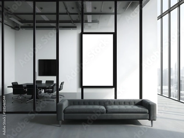 Fototapeta Tech-Industrial Minimalist office with blank poster on modern glass wall. 3D Rendering