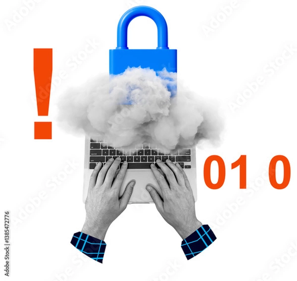 Obraz Human hands typing on laptop surrounded by cloud with blue padlock, binary digits, and exclamation mark, collage style on white background, symbolizing data safety