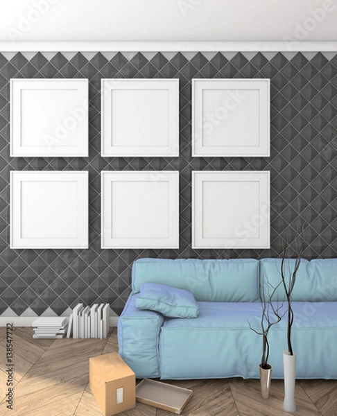 Fototapeta mock up posters on the wall in the modern interior with sofa. loft. 3D render