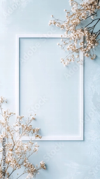 Fototapeta White Frame with Dried Flowers: Elegant white frame on a pastel blue background, adorned with delicate dried flowers, creating a serene and stylish composition perfect for invitations, announcements.