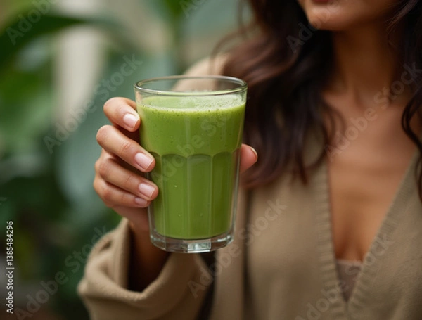 Obraz Healthy green smoothie made with fresh ingredients. Vegan and nutritious breakfast concept