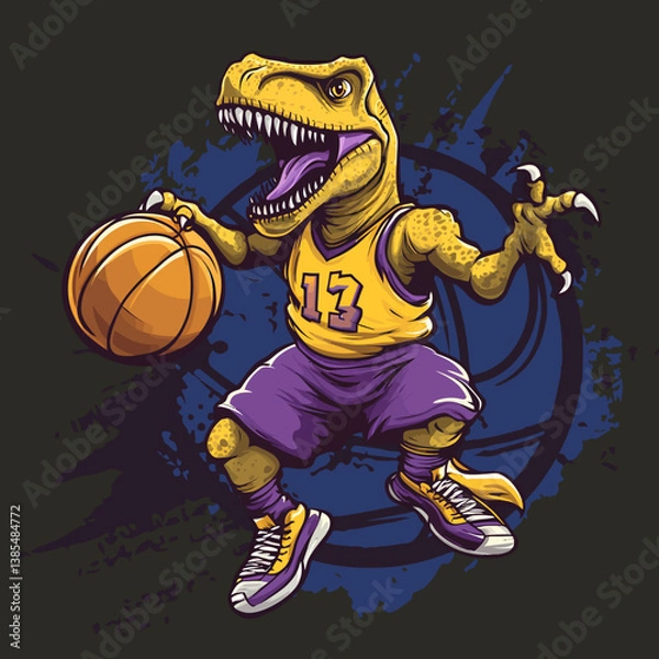 Fototapeta 扁平化卡通强壮恐龙暴龙打篮球紫色13号