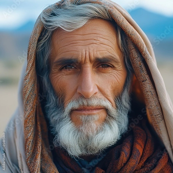 Obraz Elderly man with a long beard and hooded cloak stands against a scenic landscape in a desert setting during daylight hours