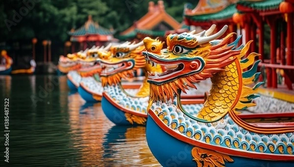 Obraz Vibrant Dragon Boats Lined Up on Calm Waters – Traditional Asian Festival Scene. Generative AI