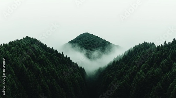 Obraz Fog envelops mountainous forest landscape in serene nature setting during early morning hours