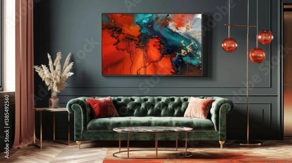 Fototapeta Elegant living room with velvet couch, abstract art on the wall, and a statement floor lamp