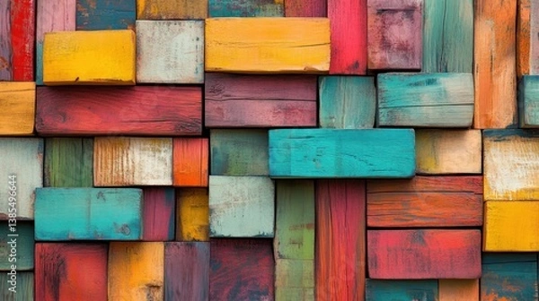 Fototapeta Colorful wooden blocks arranged in a vibrant, textured pattern.