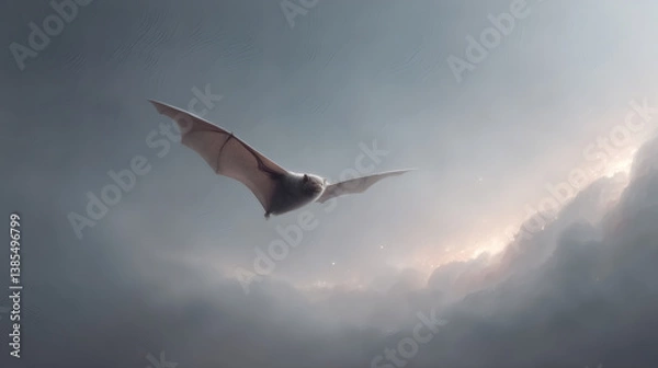 Fototapeta A bat flies through a cloudy sky, showcasing its wings against a backdrop of soft light and dramatic clouds.