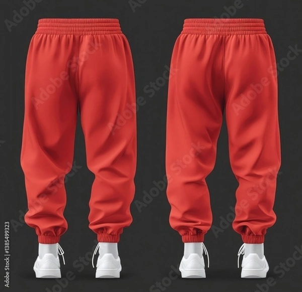 Fototapeta Red sweatpants mockup template, front and back view isolated on a transparent background