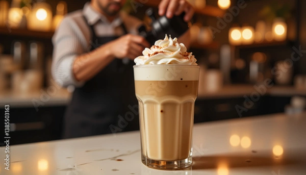 Fototapeta Barista preparing melange coffee on bar counter in soft lighting, relaxation