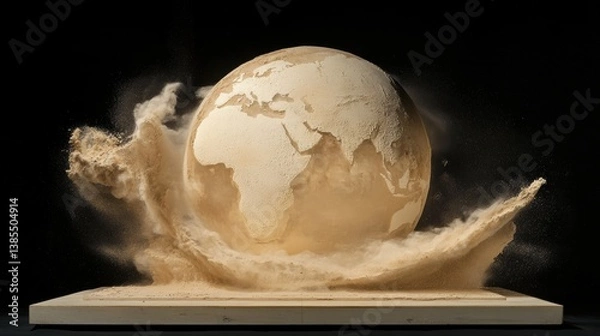 Fototapeta A giant globe with illuminated continents surrounded by cosmic dust.