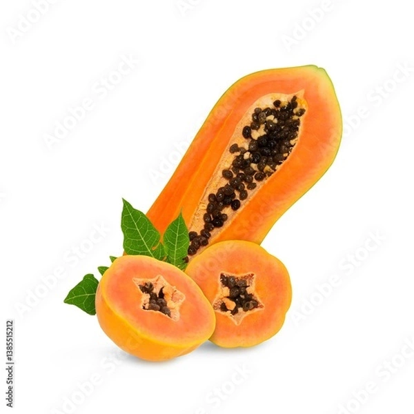 Fototapeta ripe papaya fruit with seeds isolated on white background. full depth of field