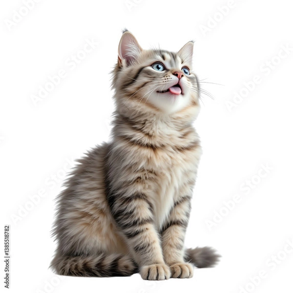 Fototapeta Cute fluffy cat gazing upward with curiosity.
