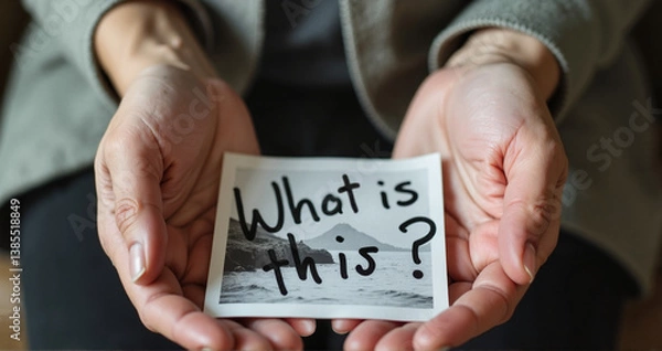 Obraz Person with dementia holding a photo asking "What is this?", illustrating memory loss and health challenges