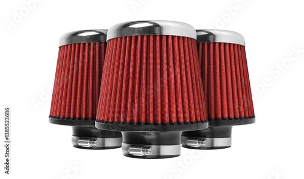 Obraz Car Parts - Side view three red sports air filter isolated white